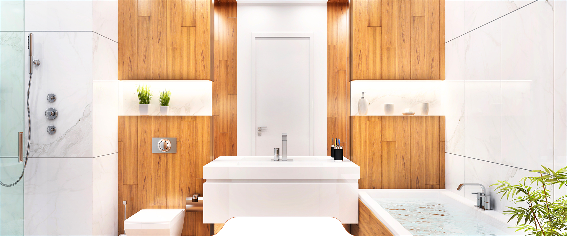 Salle de bain contemporaine avec meubles en bois clair, vasque blanche minimaliste, douche à l’italienne et baignoire intégrée dans un design épuré et lumineux.